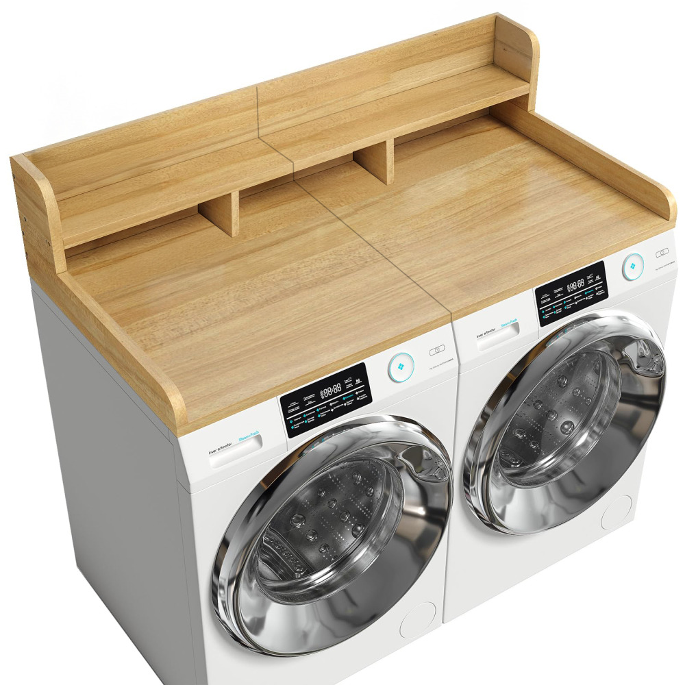54" x 27.5"Washer Dryer Countertop with Non-slip Pads, Laundry Wood Shelf Topper with Edge, Double Layer Organizer for Washer and Dryer Laundry Hamper Counter Storage, Natural Wood