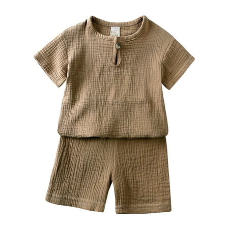 

Kids Baby Boy Girl Solid Pullover Short Sleeve Cotton Linen Sweatshirt T Shirt Crewneck Tops Shorts Set Clothes Toddler Boy Outfits