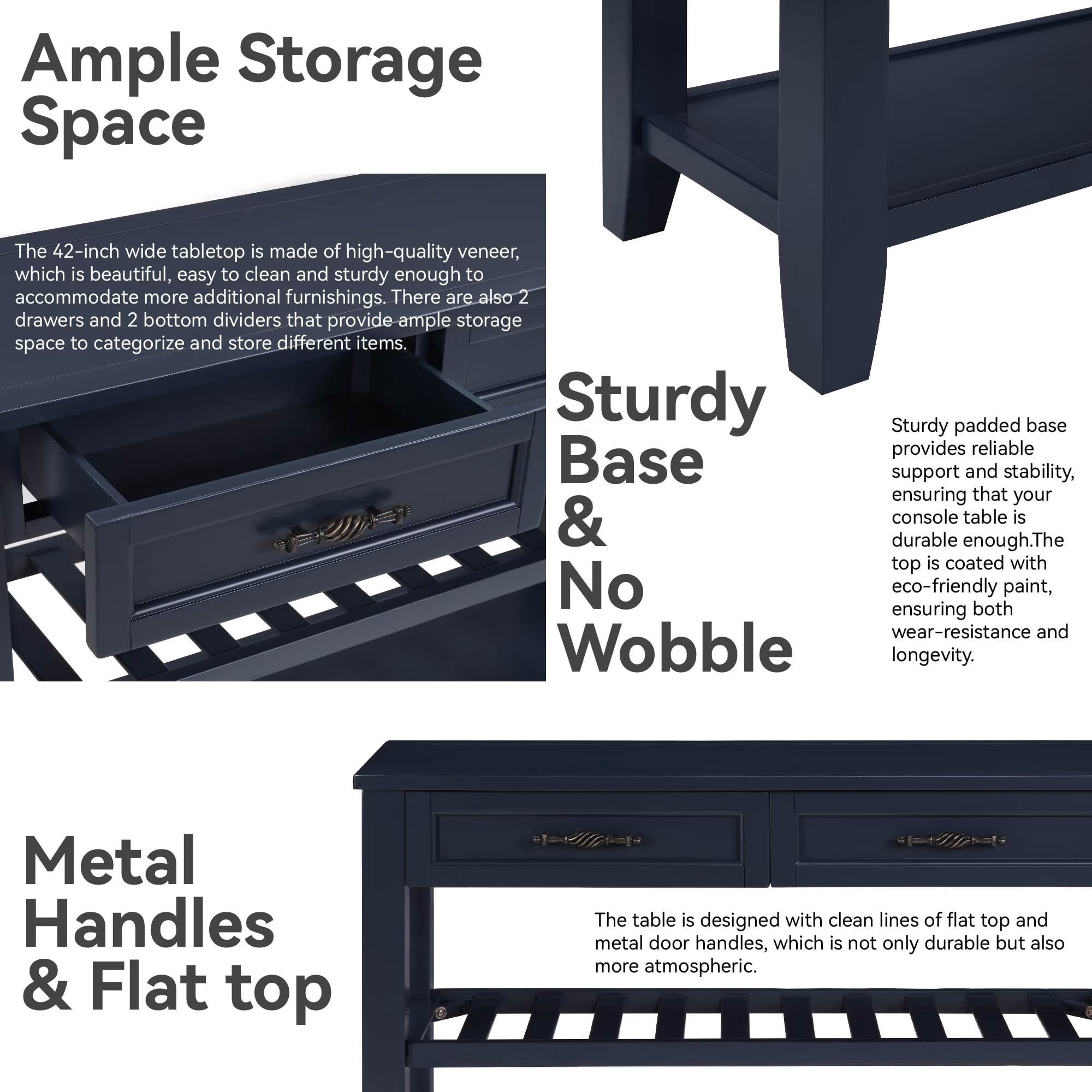 Retro Console Table with 2 Drawers & Open Shelves, Solid Pine Wood Entryway Table, Modern Accent Sofa Table for Living Room, Hallway, Bedroom, Navy Blue