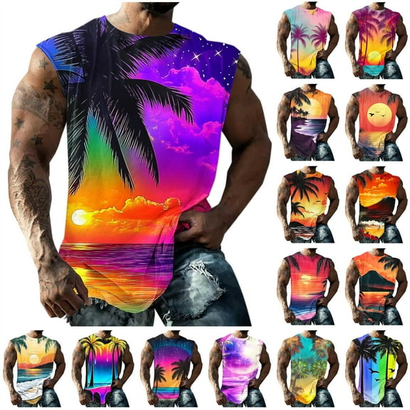 BiZtdJrK Graphic Tank Tops for Men Summer Sleeveless Muscle Shirts Beach Hawaiian Coconut Tree Tanks Going Out Outfits Black XXL