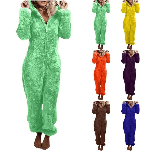 BiZtdJrK Hooded Onesie Pajamas for Women Bear Ears Fuzzy Sherpa Fleece Zipper Jumpsuit Long Sleeve Cute Causal Rompers Yellow L