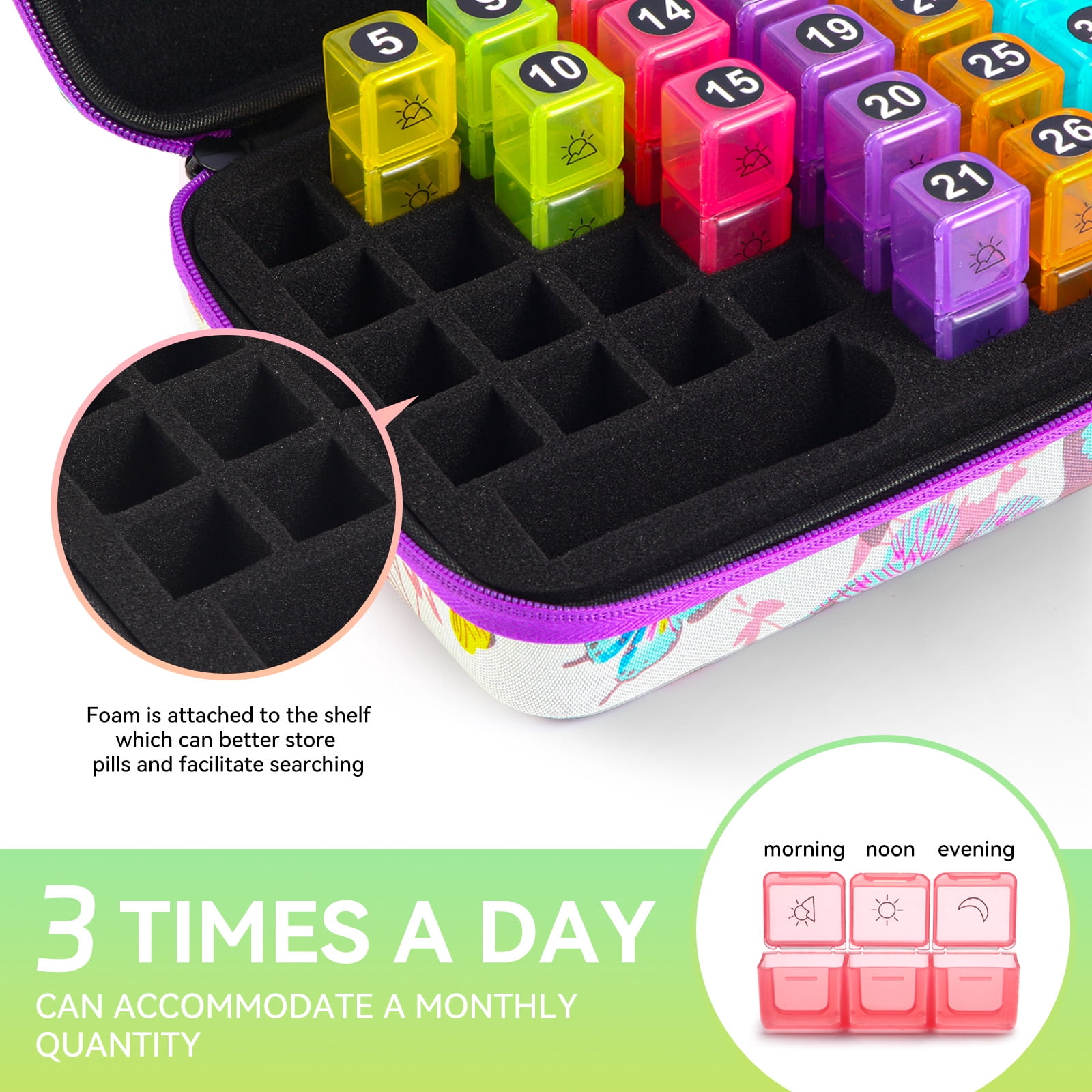 Monthly Vitamins Medication Supplements Organizer Bag 3 Doses per Day Includes a Pill Splitter and 7 Day Travel Pouch