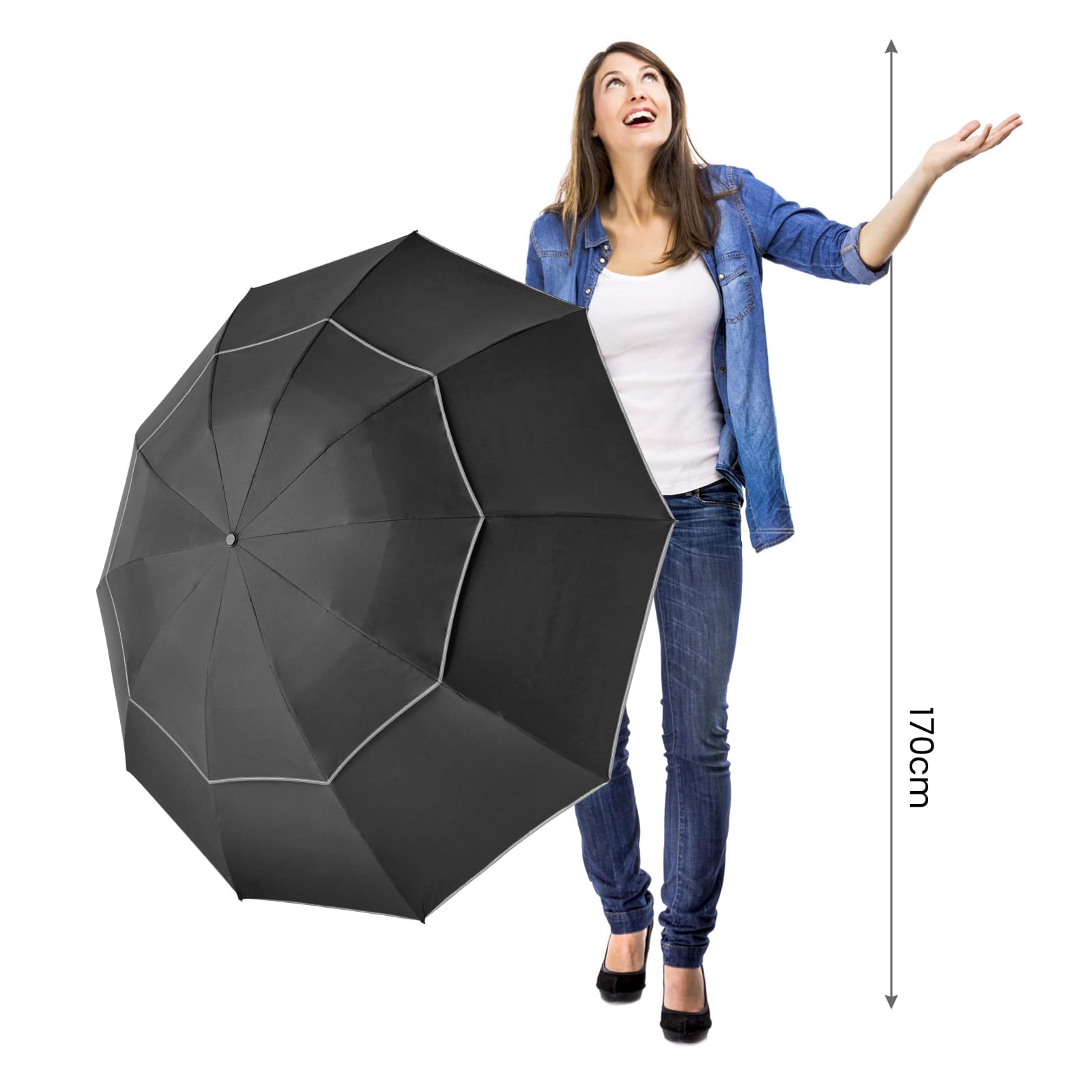G4Free 54/62 inch Windproof Inverted Umbrella, Reflective Stripe Double Canopy, Automatic Open/Close, Compact for Travel, 10 Ribs Rain Protection