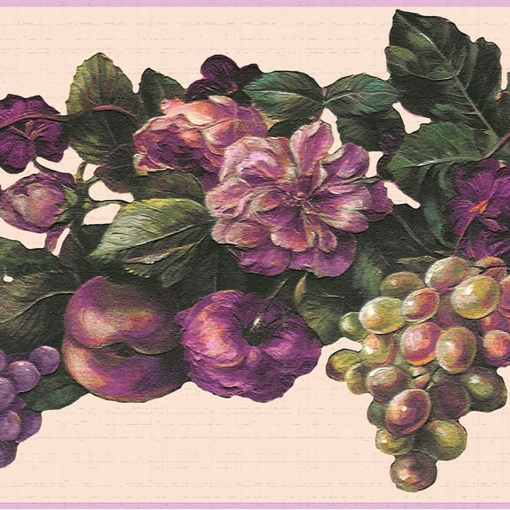 Dundee Deco's Peel and Stick Wallpaper Border - Fruits Purple Green Grapes and Flowers Wall Border Retro Design, 15 ft x 7 in, Self Adhesive