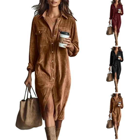 longantii Womens Fall Corduroy Button Down Lapel Shirt Dress Long Sleeve Loose Vintage A-Line Midi Tunic Dress Comfortable Casual Work Dress with Chest Pockets for Spring Fall Brown XXL