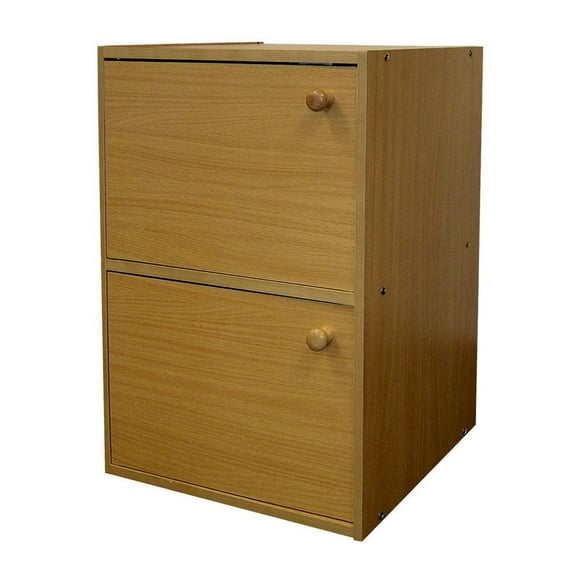 24" Tall 2-Tier Wooden Bookcase / Book Shelf with Doors, Natural Finish for Home Office & Kid's Rooms
