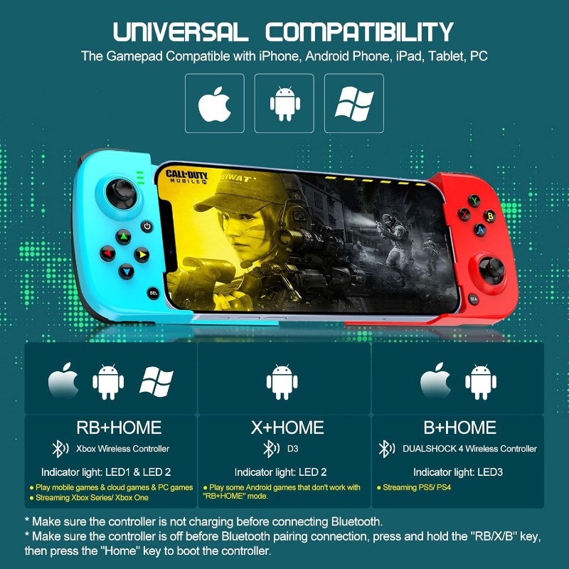 Phone Controller for iPhone/Android Support Phone Case, Mobile Gaming Controller with Ergonomic Design - Wireless Gamepad for Cloud Gaming & PS Remote Play