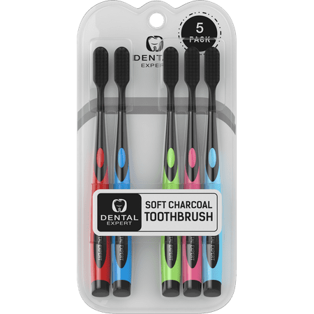 5 Pack Colorful Charcoal Toothbrush [GENTLE SOFT] Slim Teeth Head Whitening Brush for Adults & Children [FAMILY PACK] - Ultra Soft Medium Tip