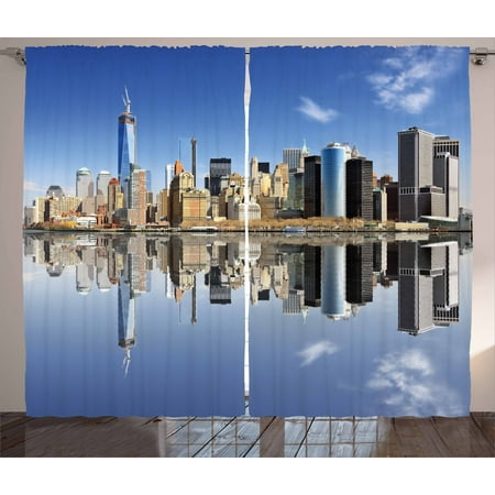 Orange Bedroom Set New York City Curtains 2 Panels Set, Manhattan Island Silhouette with Skyscrapers Towers Famous Island, Window Drapes for Living Room Bedroom, 108W X 96L Inches, Blue Pale Orange Grey, by Ambesonne ()