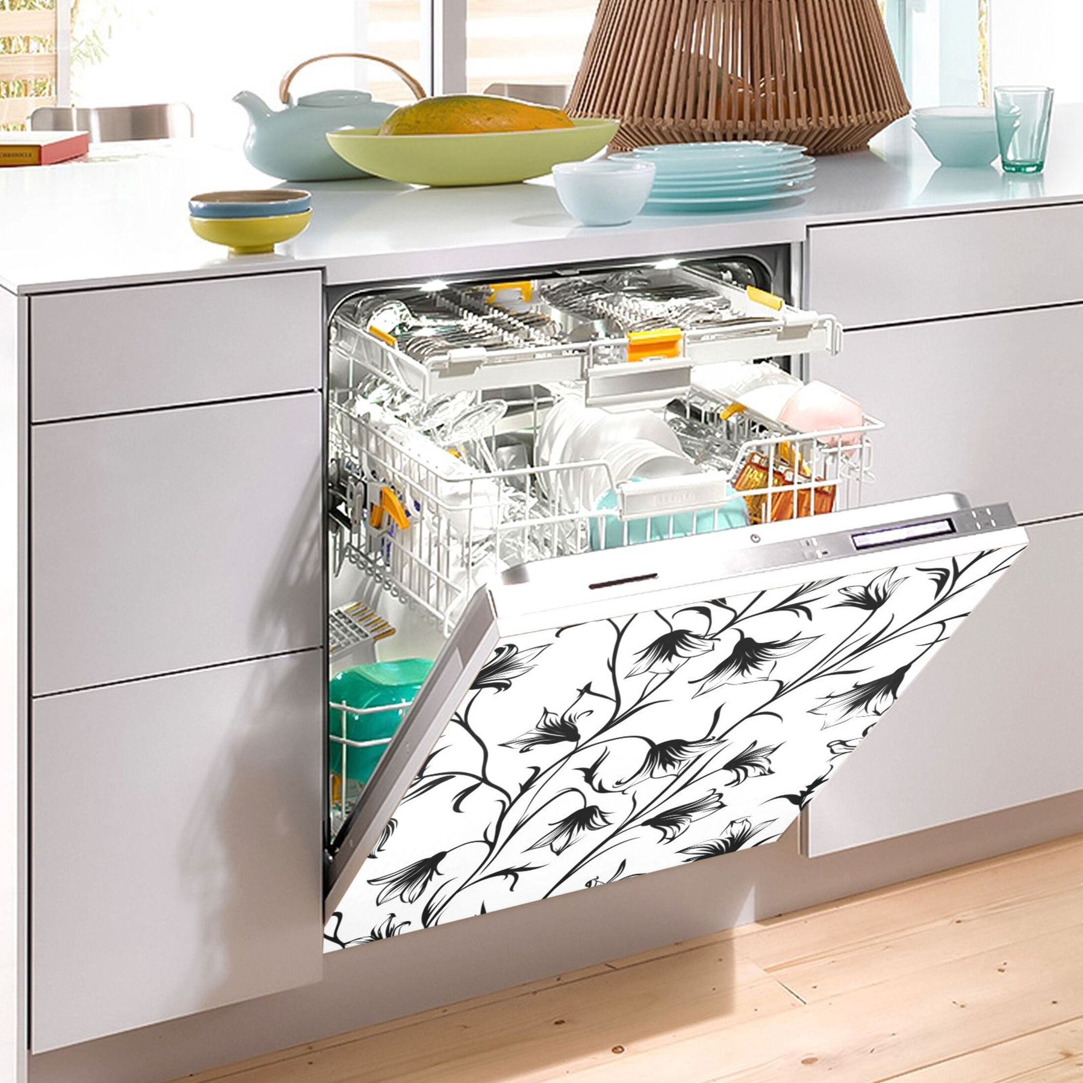 Dishwasher Magnetic Sticker 23x26 Inch Refrigerator Magnetic Sticker Washing Machine Magnetic Sticker Kitchen Panel Magnetic Sticker Home Decor Pretty Black Cartoon Flowers