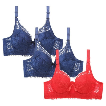 WREESH Womens 3 Pack Lace Bralette Comfortable Push Up Soft Padded Wireless Plunge Bra Adjustable Strap No Underwire Bras Everyday Bra Underwear Blue
