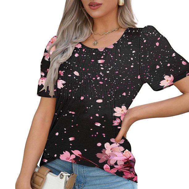 Fiudx Ofertas Flash Del Día Solo En Línea Top Estampado con Cuello Redondo y Manga Corta Informal para Mujer a La Moda