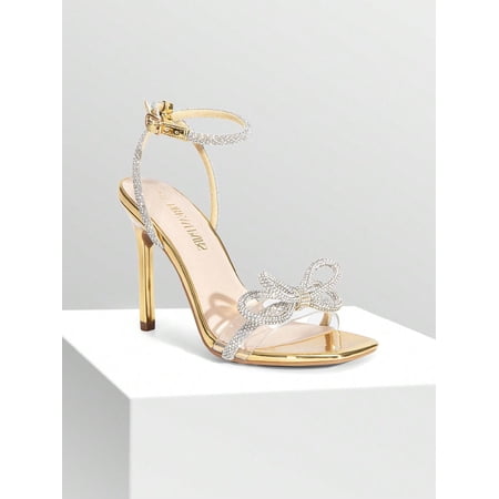 Women Bowknot Crystal Heeled Sandals Square Toe Rhinestone Decor Ankle Strap Fashion Shoes for Autumn Party Wedding Prom