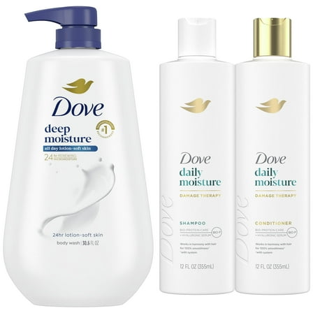 Dove Deep Moisture Body Wash, Daily Hydration Shampoo & Conditioner, 3 Count