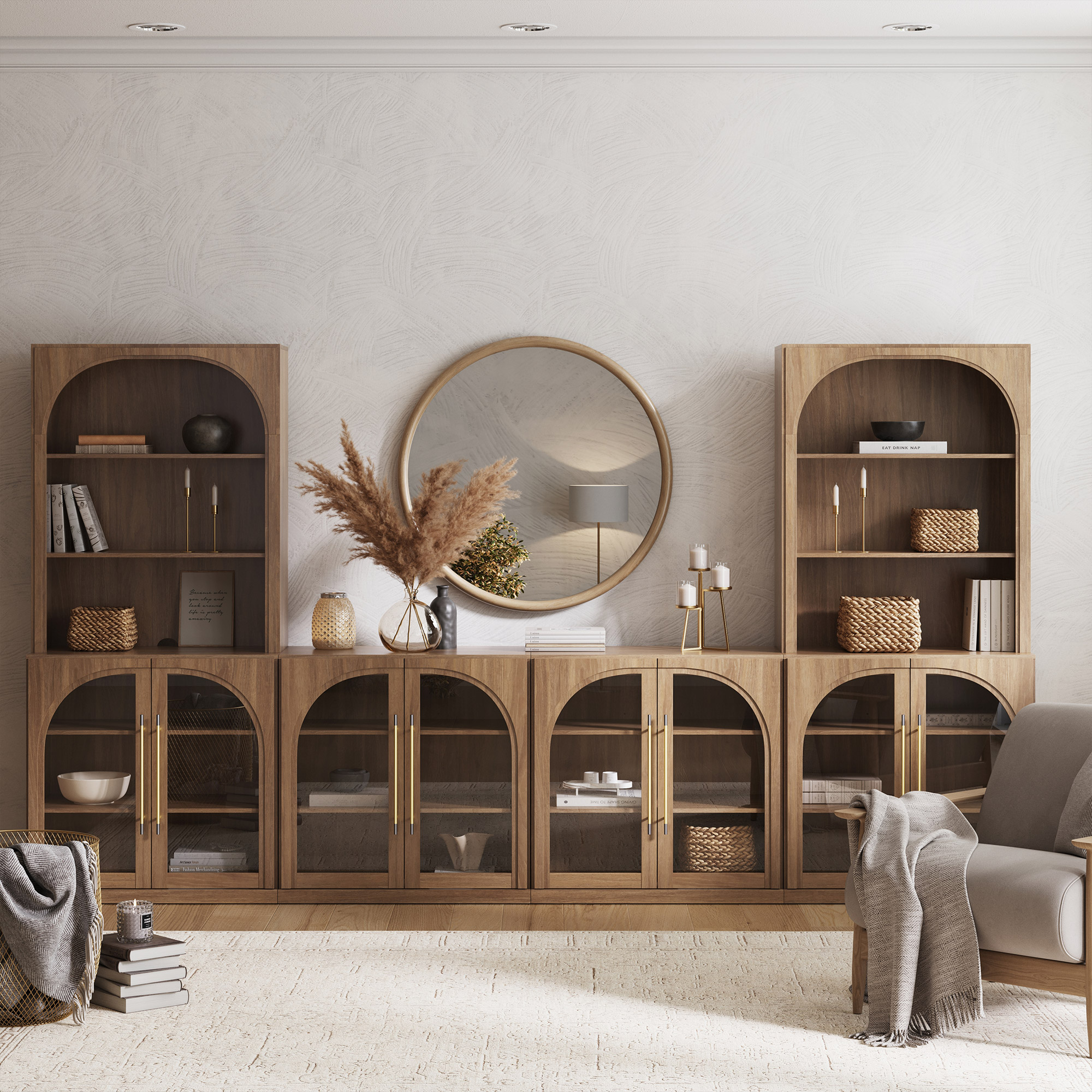 BELLEZE 6-Piece Modular TV Stand Set - 4 Arched Glass Door Entertainment Center & 2 Hutch Storage Units, Classic Modern Large Media Console with Adjustable Shelves for Living Room Family Room, Camel