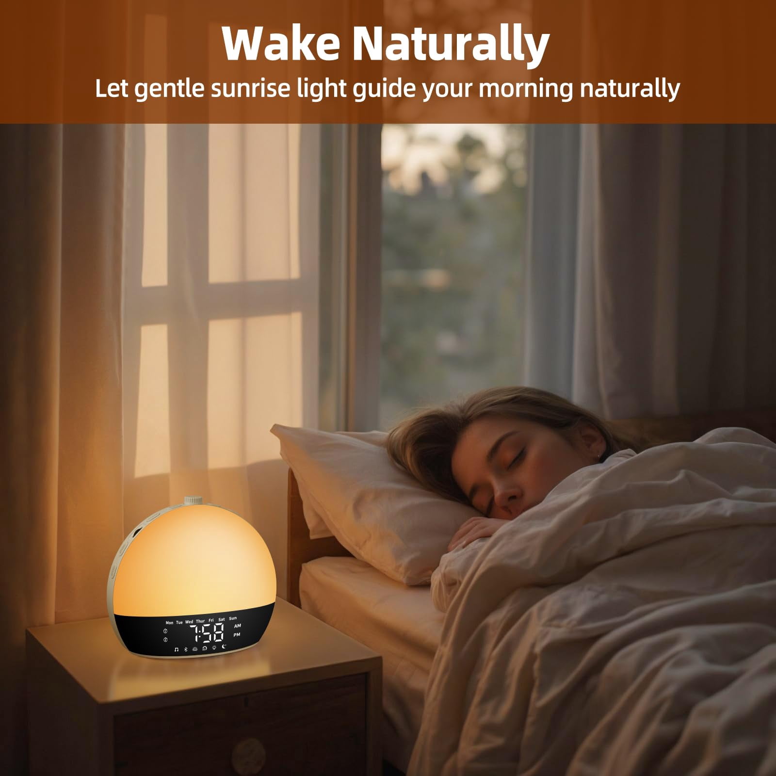 Sunrise Alarm Clock Sound Machine, Wake Up Light with Sunset Simulation, Dimmable Clock for Bedroom, Night Light & 25 Sleep Sounds, White Noise Machine,Wake Up Light Alarm Cloc