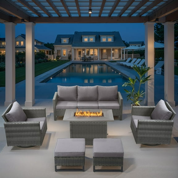 PARKWELL 6 Pieces Wicker Patio Furniture Set 7-Seat Outdoor Conversation Set with 41" Fire Pit Table,Gray Wicker and Gray Cushions