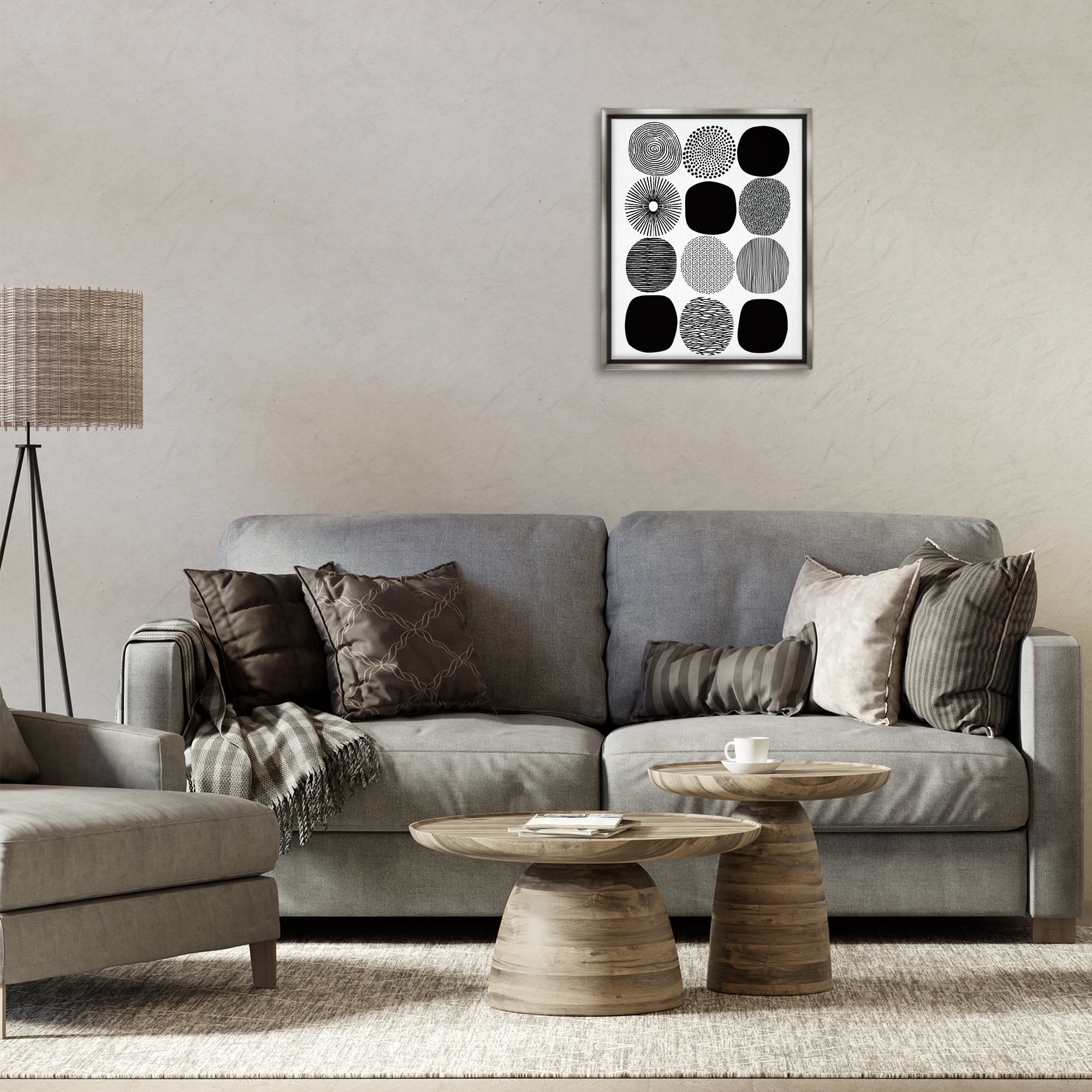 Stupell Industries Black & White Pattern Circles Abstract Painting Gray Floater Framed Canvas Art Print Wall Art, 17 x 21