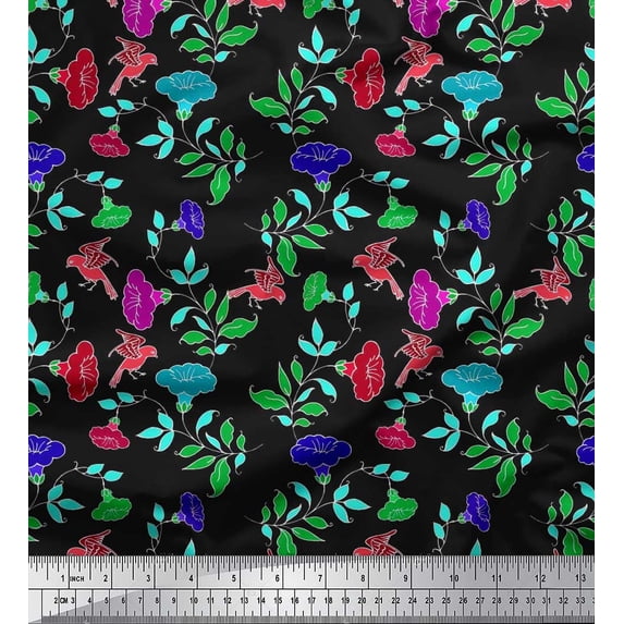 Soimoi Cotton Duck Fabric Leaves,Bird & Floral Artistic Decor Fabric Printed Yard 42 Inch Wide