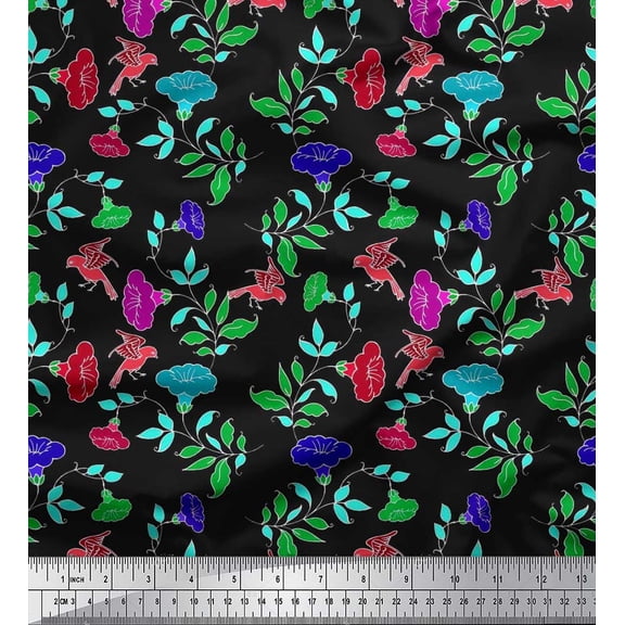 Soimoi Cotton Duck Fabric Leaves,Bird & Floral Artistic Decor Fabric Printed Yard 42 Inch Wide