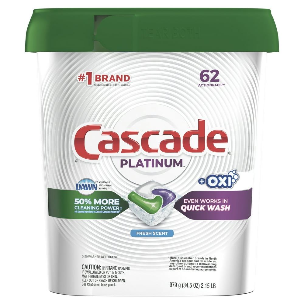 Cascade Platinum + Oxi Dishwasher Pods, ActionPacs Dishwasher Detergent Tabs, Fresh Scent, 62