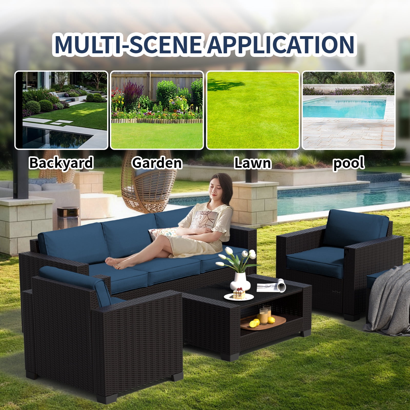 SHGJ&SOFT 7 Piece Patio Furniture Set, Wicker Outdoor Sectional Sofa with Washable Cushion Covers and Tempered Glass Table, Rattan Conversation Set for Poolside