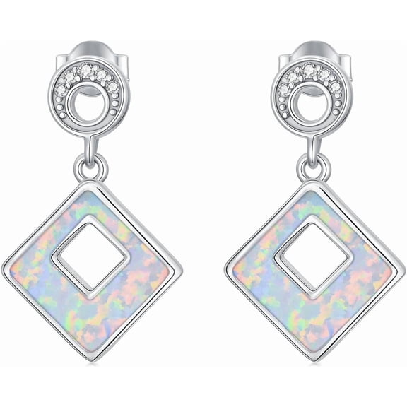 925 Sterling Silver Square White Opal Stud Earrings Dainty Birthstone with Genuine Diamond Hollow Dangle Earrings Gemstone Jewelry Gift For Women