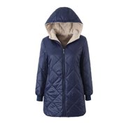 EGNMCR Womens Long Puffer Coat, Long Sleeve Padded Winter Down Coats, Hooded Parka Jacket Women's Geometric Plaid Plaid Hooded Mid Length Cotton Jacket Women Coat