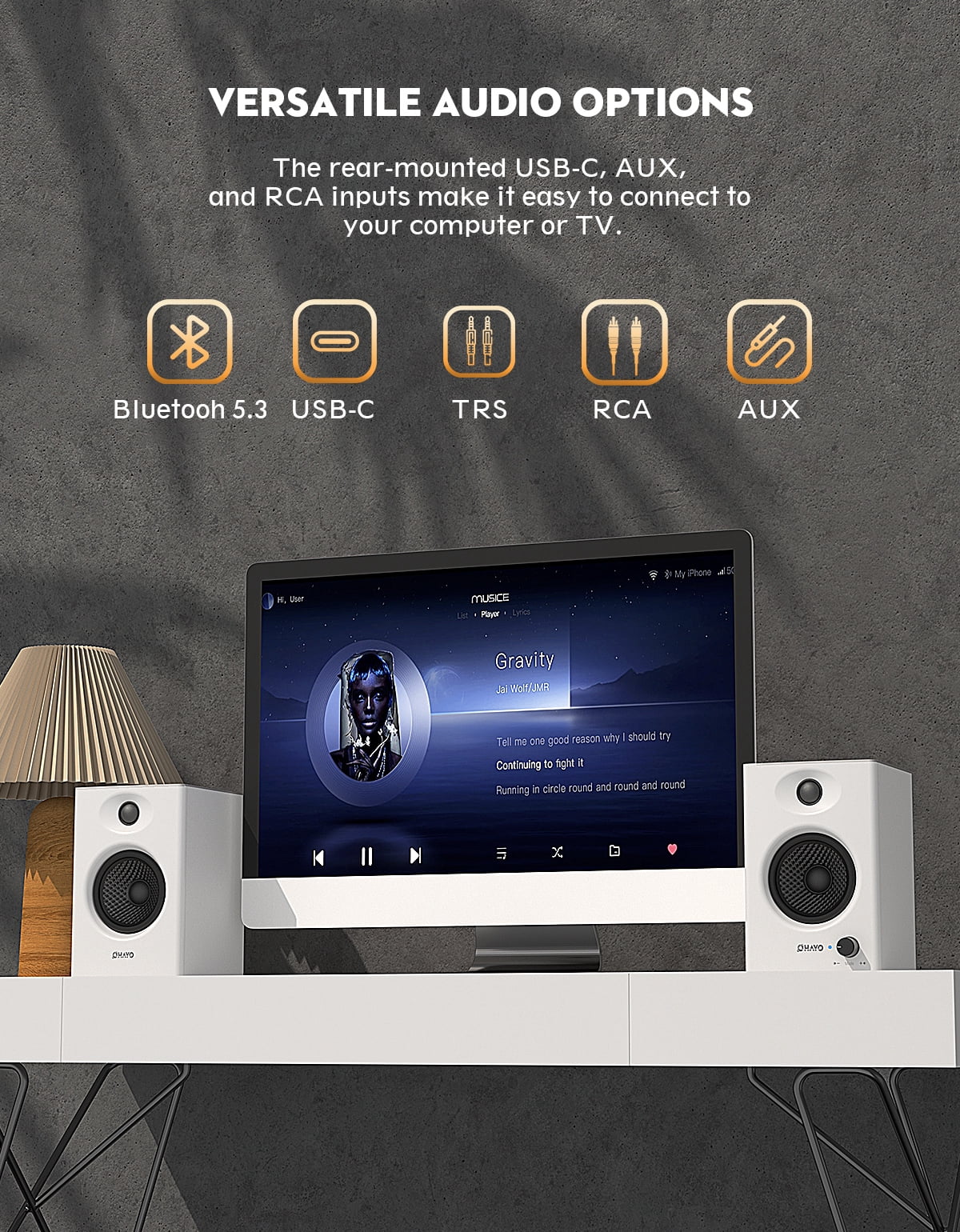 Ortiza 60W Computer Speakers for Gaming and Music, Active Bluetooth 5.3, Stereo 2.0 Speakers for Desktop PC Monitor or Laptop, Surround Sound Speaker, 3.5 mm Aux RCA Input, USB-Powered, 1 Pair, White