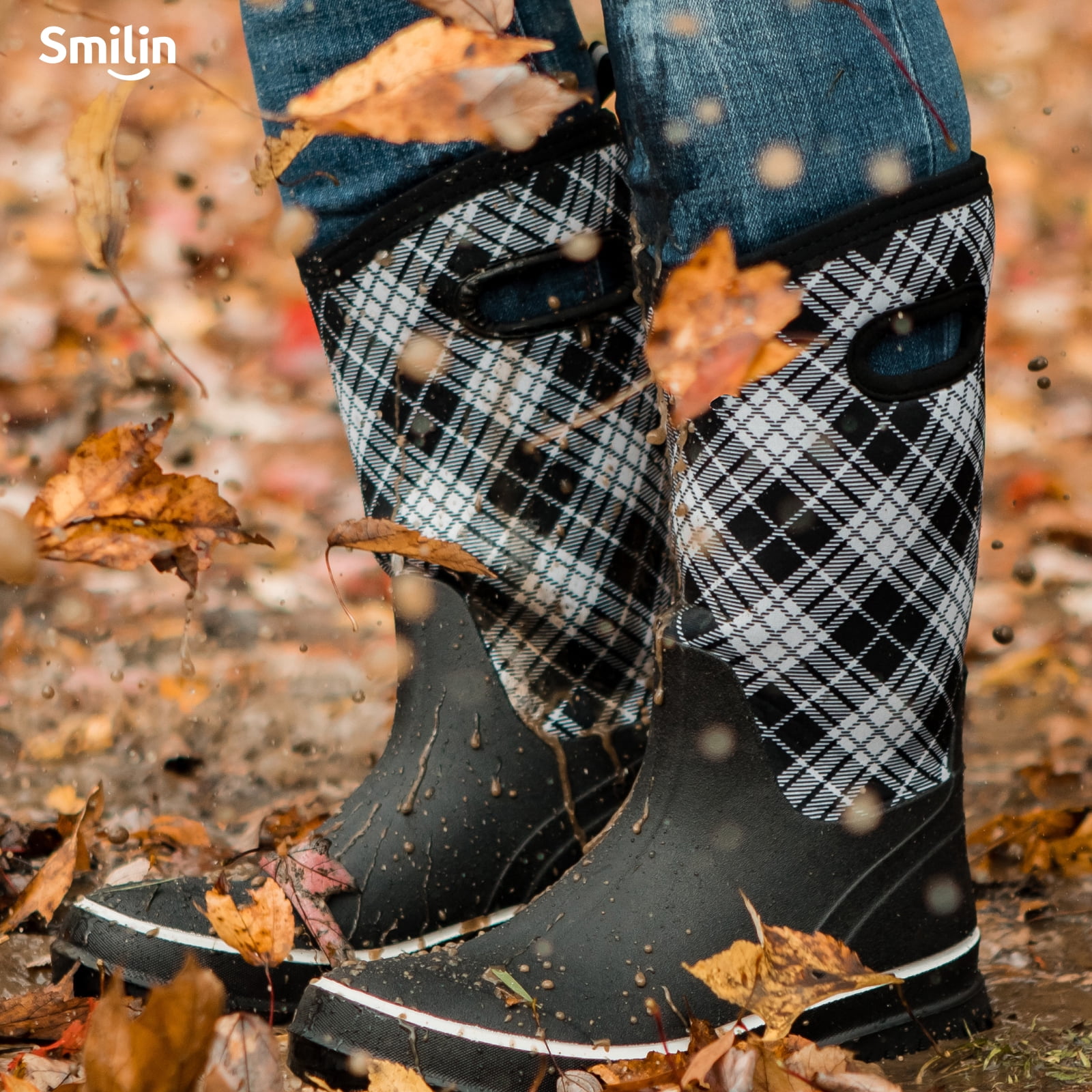 SMILIN Rain Boots for Women, Anti-slip Mid Calf Women Mud Boots, Plaid, Size 8