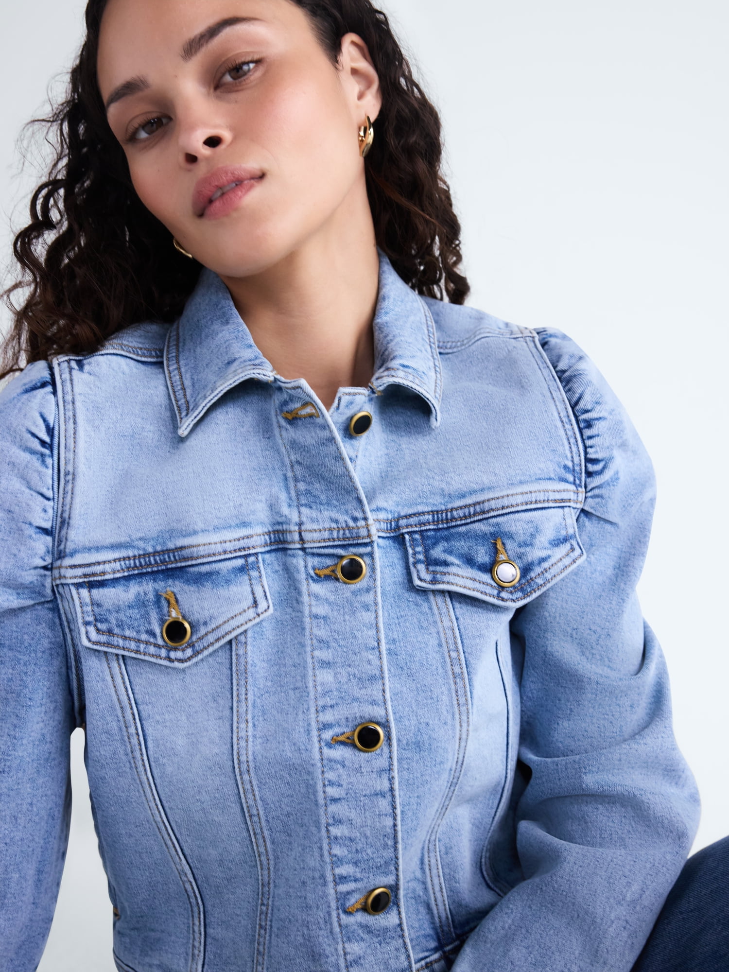 Scoop Women’s Denim Trucker Jacket with Puff Sleeves, Sizes XS-XXL