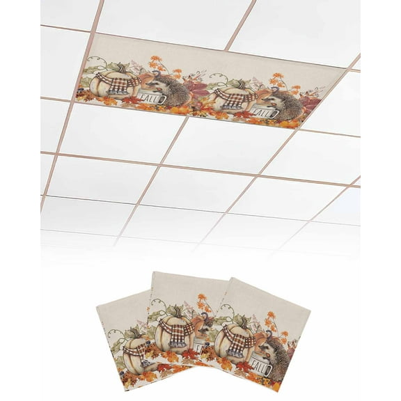 Fluorescent Light Covers for Ceiling Lights 3 Pack, Fall Pumpkin Hedgehog Magnetic Ceiling Light Covers 2x4 Feet for Classroom Office School, Rustic Thanksgiving Overhead Drop Ceiling Light Shade