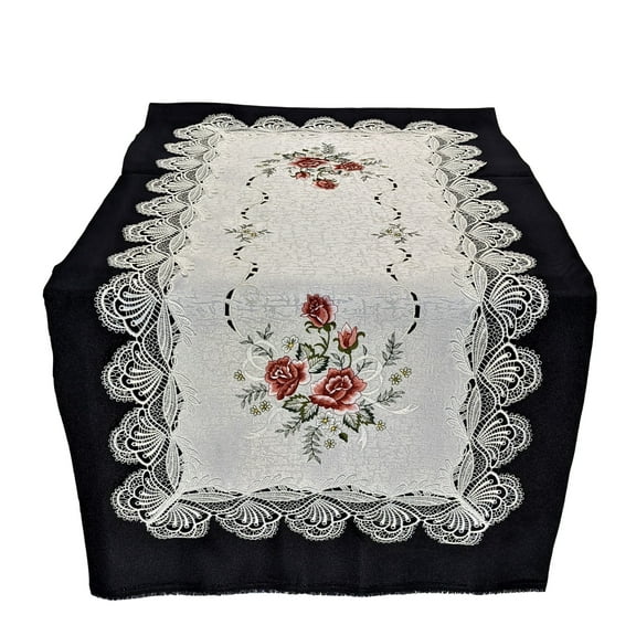 Doily Boutique Table Runner with Pink Burgundy Roses on White Fabric with Lace Size 34 x 16 inches