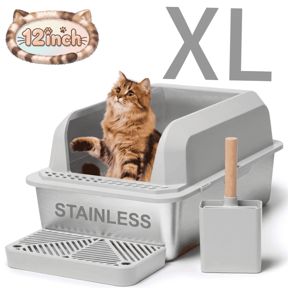 Naipo XL Stainless Steel Cat Litter Box with High Wall Side, 23.5"×15.5"×12", XL Litter Box for Small/Big/Multi Cats, with Scoop and Footboard, Gray