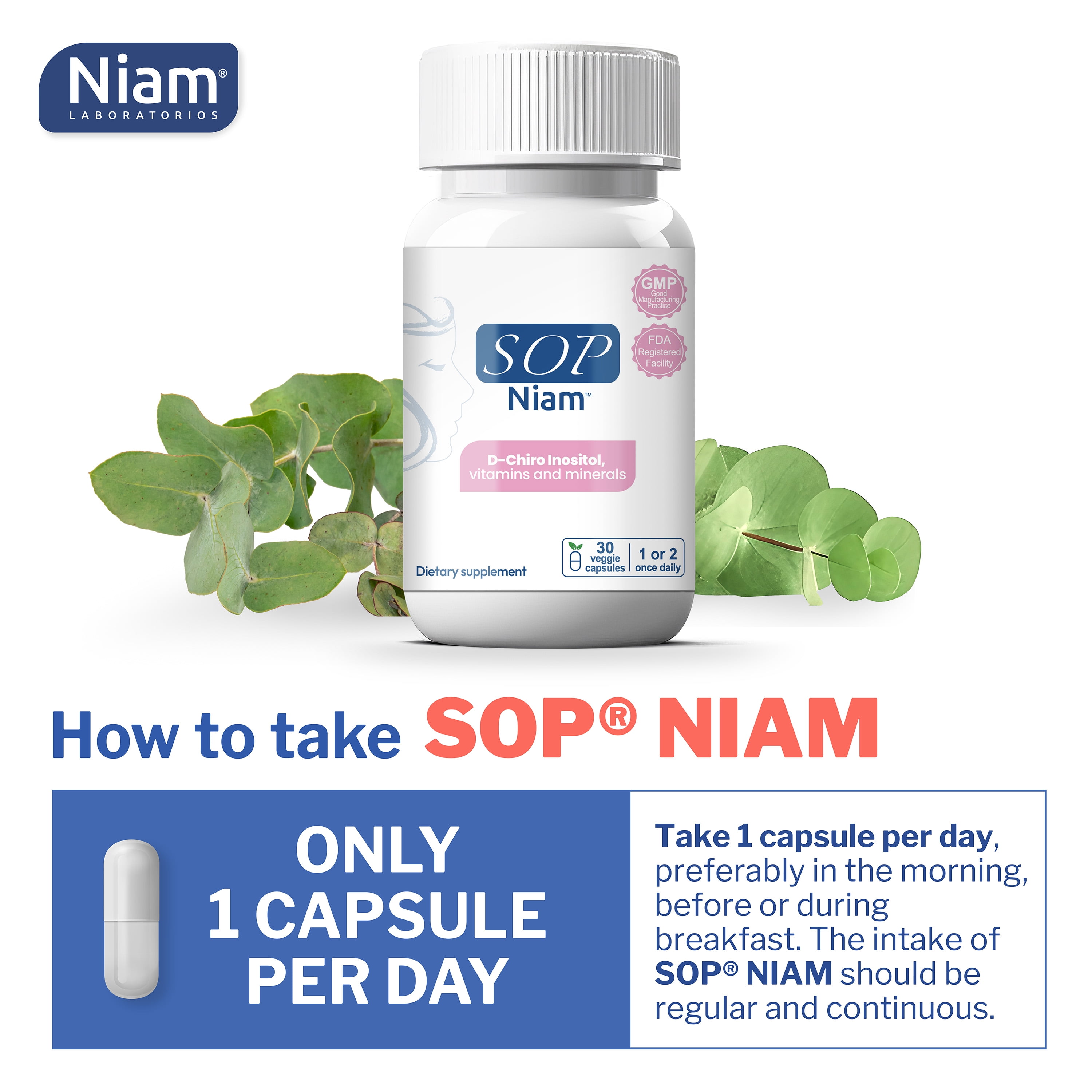 SOP NIAM D-Chiro Inositol Supplement for PCOS with Folic Acid, Vitamin B6, B12, D3, Biotin, Gluten-Free, 30 Capsules, 30 Day Supply