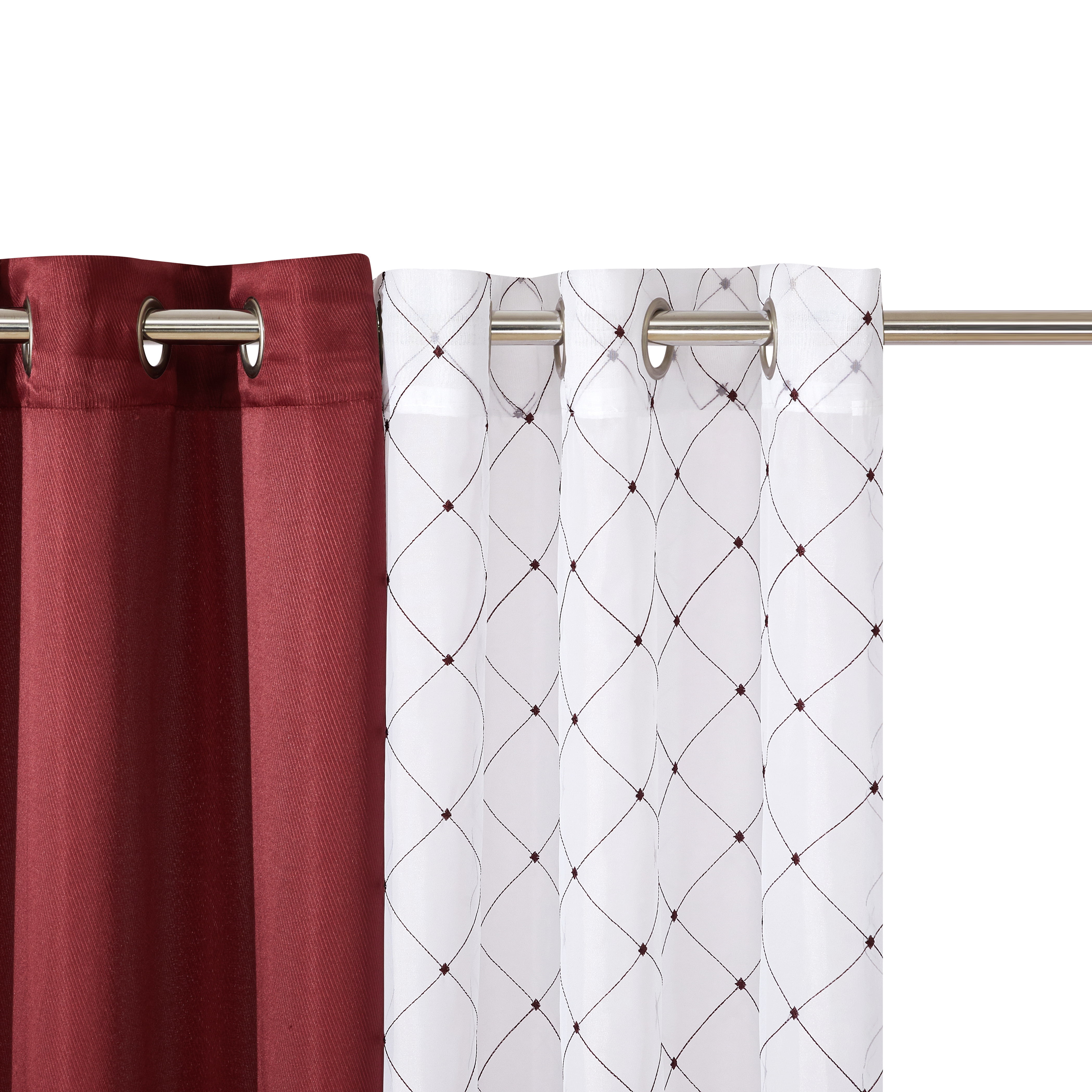 Better Homes & Gardens Maroon Embroidered Lattice Sheer & Twill Weave 4 Piece Curtain Set, 63"