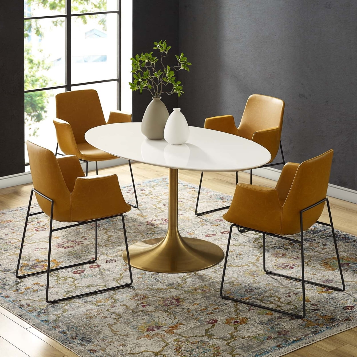 Modway Lippa 60" Oval Wood & Metal Dining Table in Gold and White