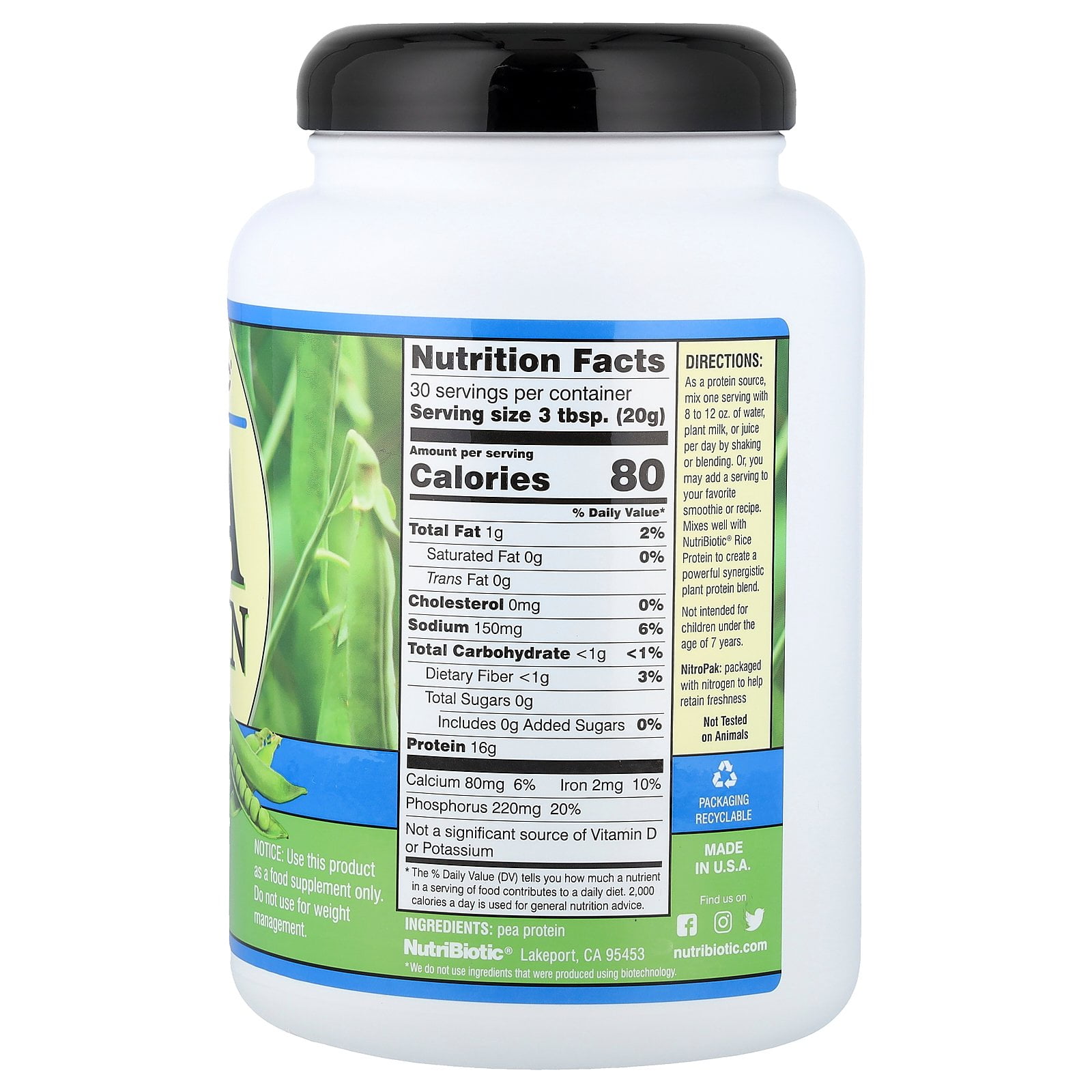 NutriBiotic Pea Protein Powder, Plain, 1 lb 5.16 oz (600 g)