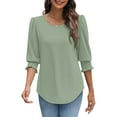 thumbnail image 6 of bbyeadc Womens Summer T-Shirts 2025 Round Neck Smocked Cuff Ruched Shirts 3/4 Sleeve Dressy Casual Loose Basic Trendy Tops Summer Solid Business Casual Blouses, Light Green L, 6 of 7