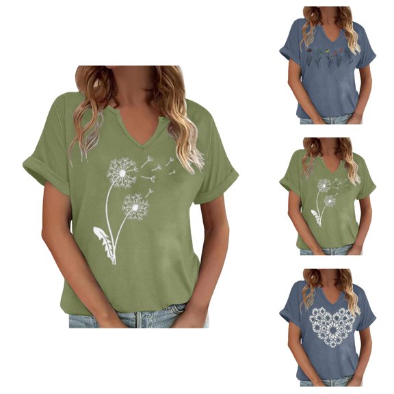 T Shirts for Women Summer Short Sleeve V Neck Casual Wildflower Graphic Tee Shirt Boho Tops