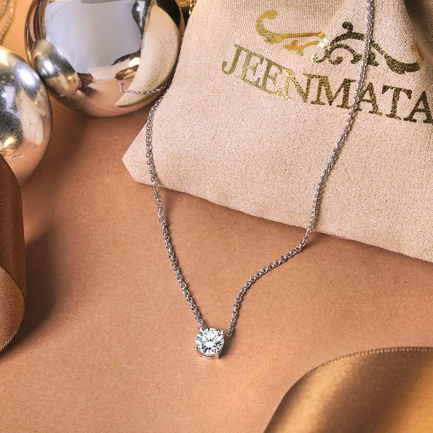 JeenMata 1 Carat Moissanite Solitaire Pendant Necklace, 18k White Gold over Silver, April Birthstone, Female, Adult  (图4)