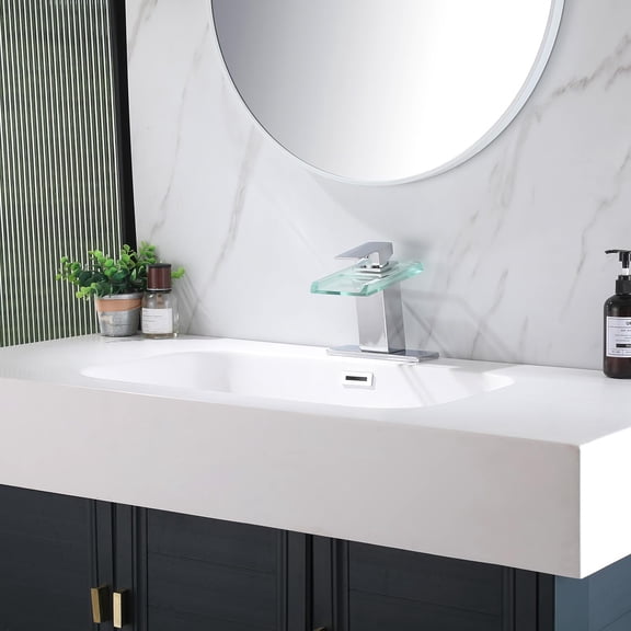 LED Bathroom Sink Faucet, Chrome Waterfall Single Hole Vanity Faucet, 1 Hole Bathroom Mixer Tap with 2 Water Supply Lines, Open Glass Spout