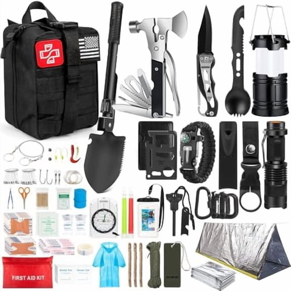 254 in 1 Survival Kit, First Aid Kit Survival for Outdoor Emergencies Includes Hatchet, Shovel, Flashlight, Tools Ideal for Camping, Hiking, Travel Gift for Men