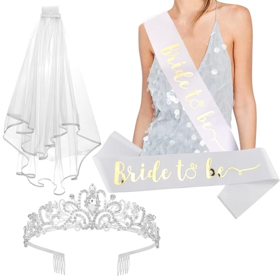 3 Pack Bachelorette Party Decorations - Crystal Crown, Bride To Be Sash & Wedding Veil for Bachelorette Party Favors Bridal Shower Gifts for Bride