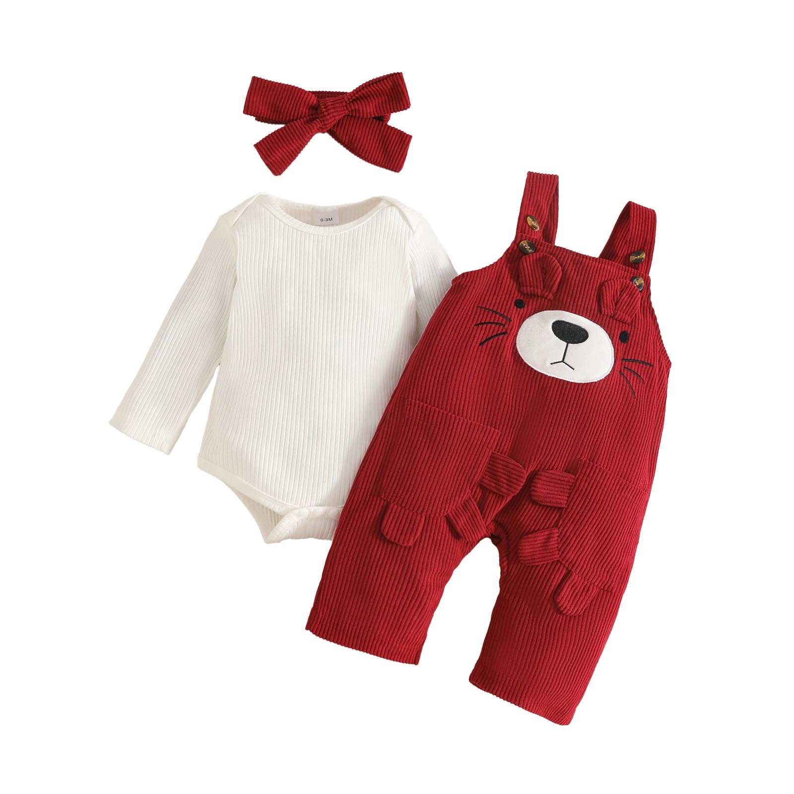 THDHVS Newborn Girl Outfits,Girls' Clothing Sets,Bear Embroidered Overalls Set with Ribbed Bodysuit and Headband for Baby Girl Cozy Outfit 3-6 Months