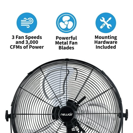 NewAir - 4650 CFM 20" Outdoor High Velocity Wall Mounted Fan with 3 Fan Speeds and Adjustable Tilt Head - Black