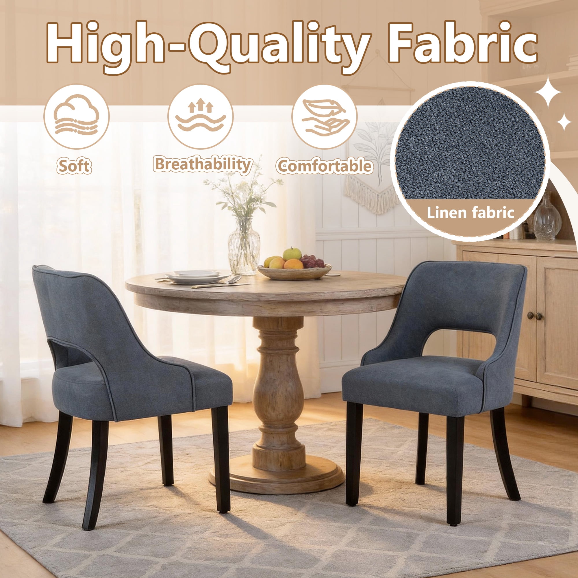 ClinQ Dining Chair,Morden Wood Leg Upholstered Kitchen Chair Set of 2, Navyblue-Black Leg