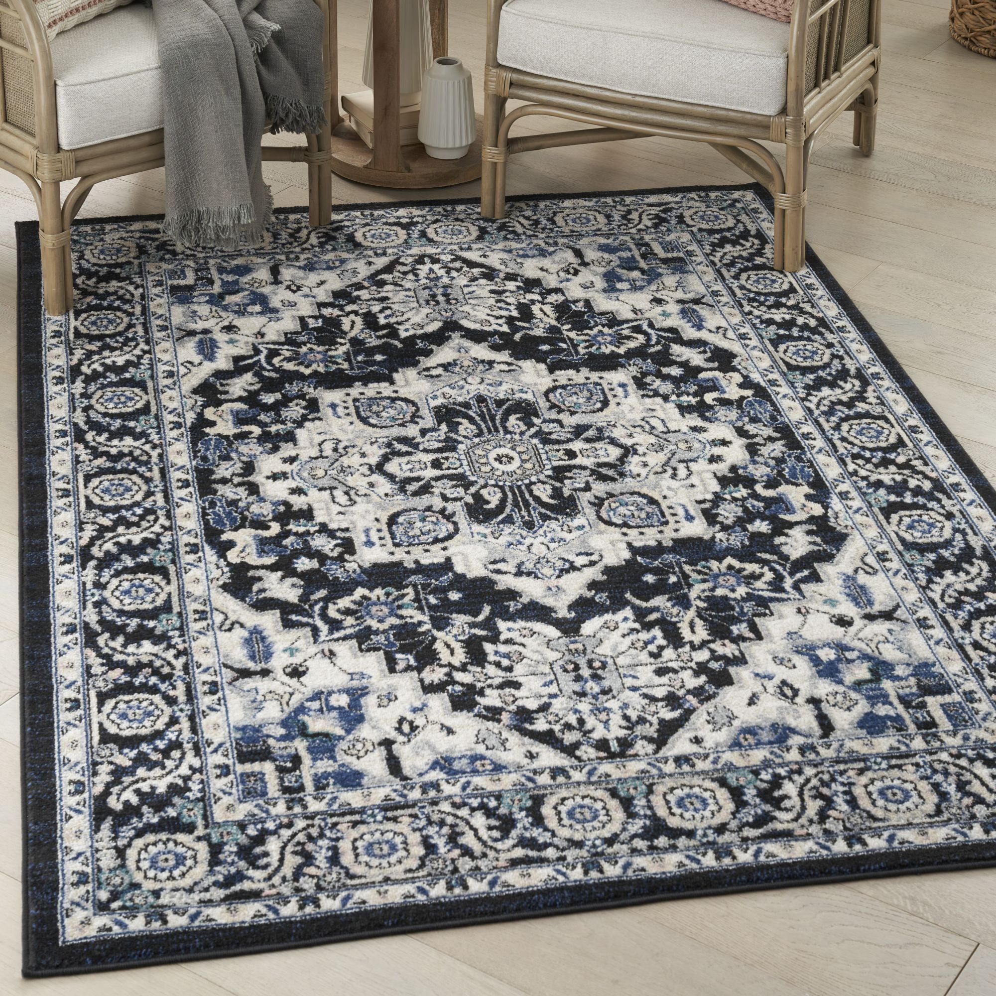 Nourison Passion Black Ivory 5'3" x 7'3" Area Rug, Contemporary, Boho, Bed Room, Living Room, Dining Room, Kitchen, , Easy Cleaning, Non Shedding (5' x 7')