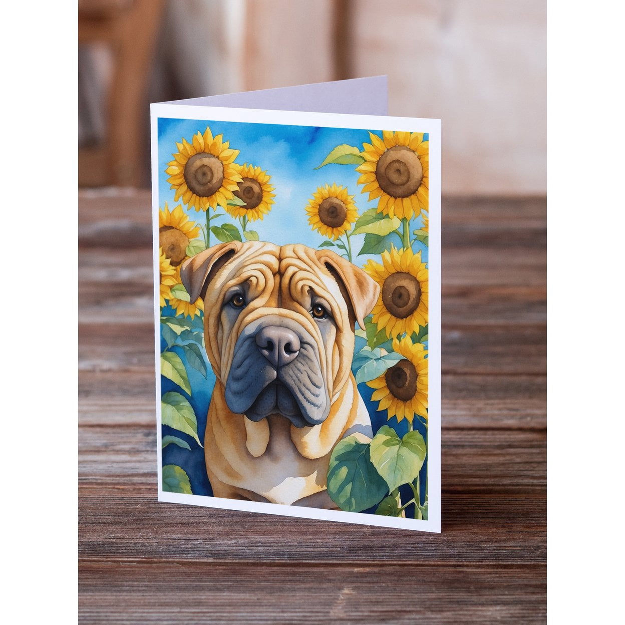 Shar Pei in Sunflowers Greeting Cards Pack of 8 7 in x 5 in