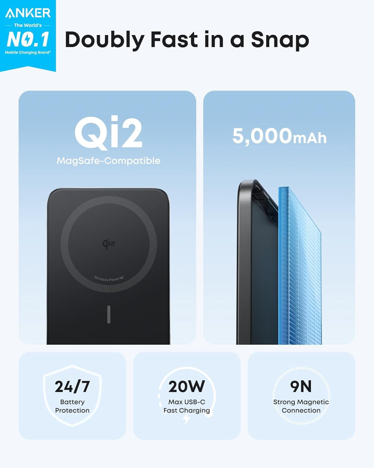 Anker Nano Power Bank, Ultra-Slim 5,000mAh Magnetic Wireless Charging Battery, Qi2 Certified 15W Max MagSafe-Compatible Portable Charger, Ergonomic Design, Compatible for iPhone Air/17/16 Series